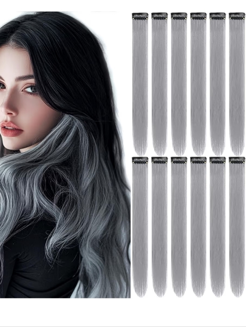 (12) Clip-In Hair Extensions for Women - Silver Gray